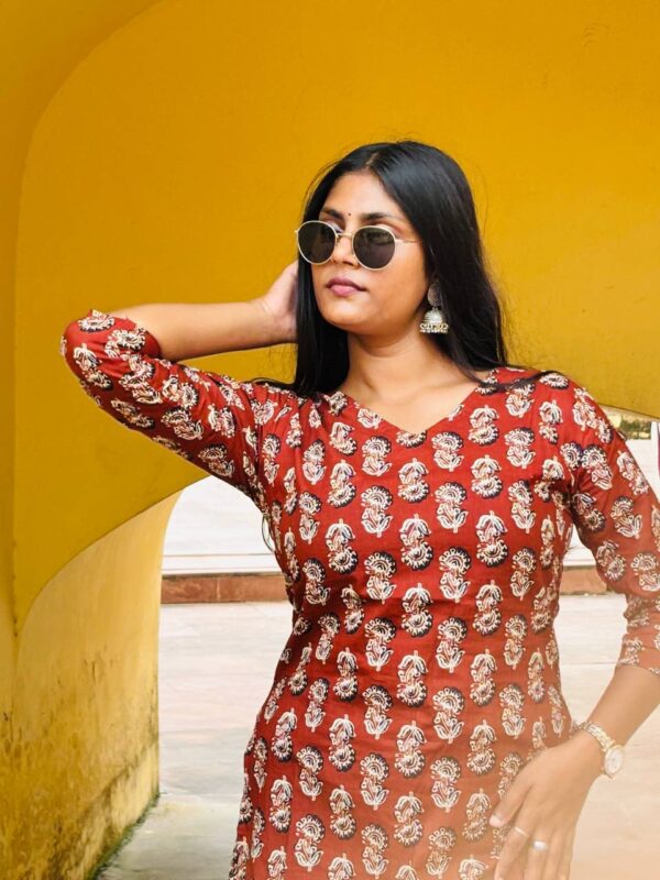 Rust Red Floral Block Printed kurti
