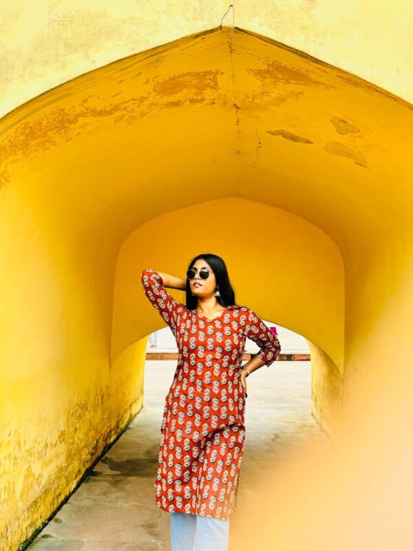 Rust Red Floral Block Printed kurti - Image 4